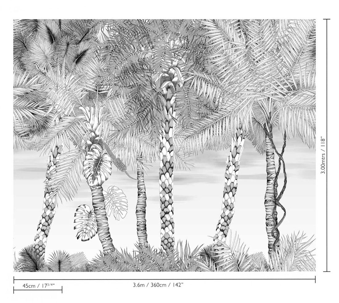 Tapete Palmenmuster: Palmen mit Blättern, Palmenblätter im Dschungel grau schwarz weiss
