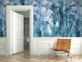 Raumbild mit Vliestapete Ode MIST Farbe Royal aus Belgien im Wohnzimmer