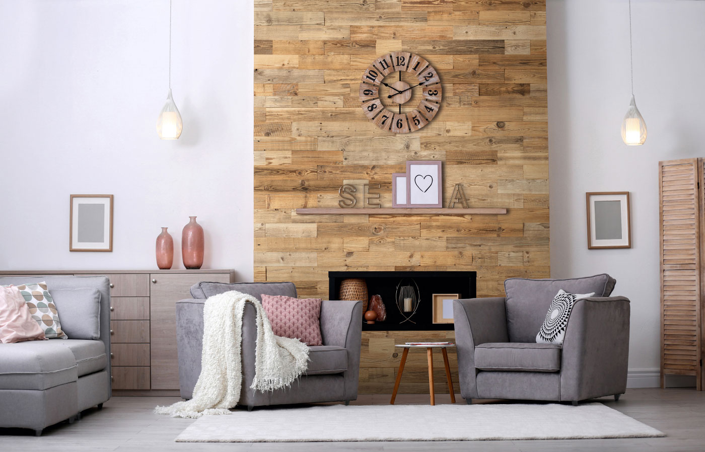 Raumbild Holzpaneel Holzklinker Riemchen Master im Wohnzimmer mit Kamin