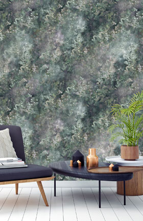 Raumbild mit Vliestapete ODE CHIMERA Farbe Riviera aus Belgien im Wohnzimmer