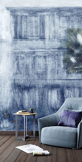 Raumbild mit Vliestapete ODE HAVANA Farbe Royal aus Belgien im Wohnzimmer